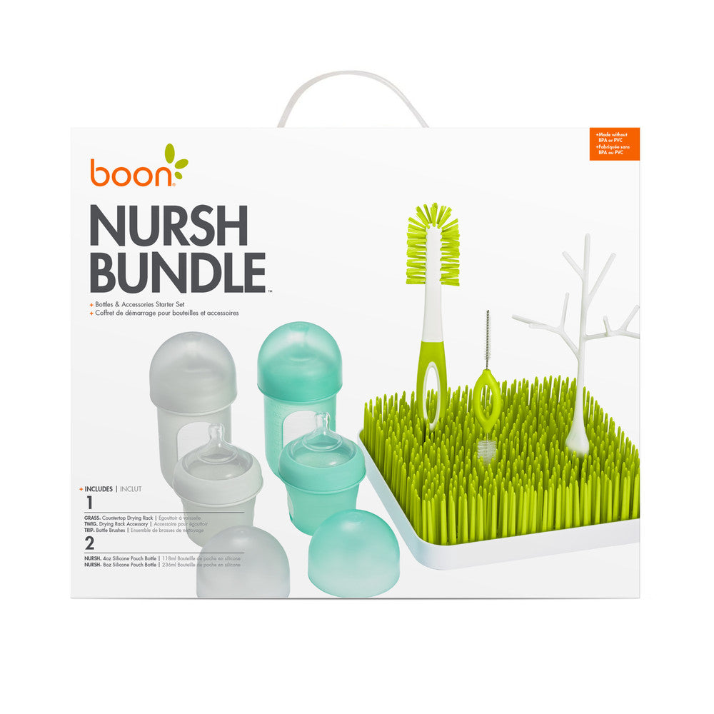 Set mamaderas y accesorios un set de partida genial y practico de boon con 4 mamaderas y cepillos de limpieza de mamaderas de la marca boon. caja de embalaje