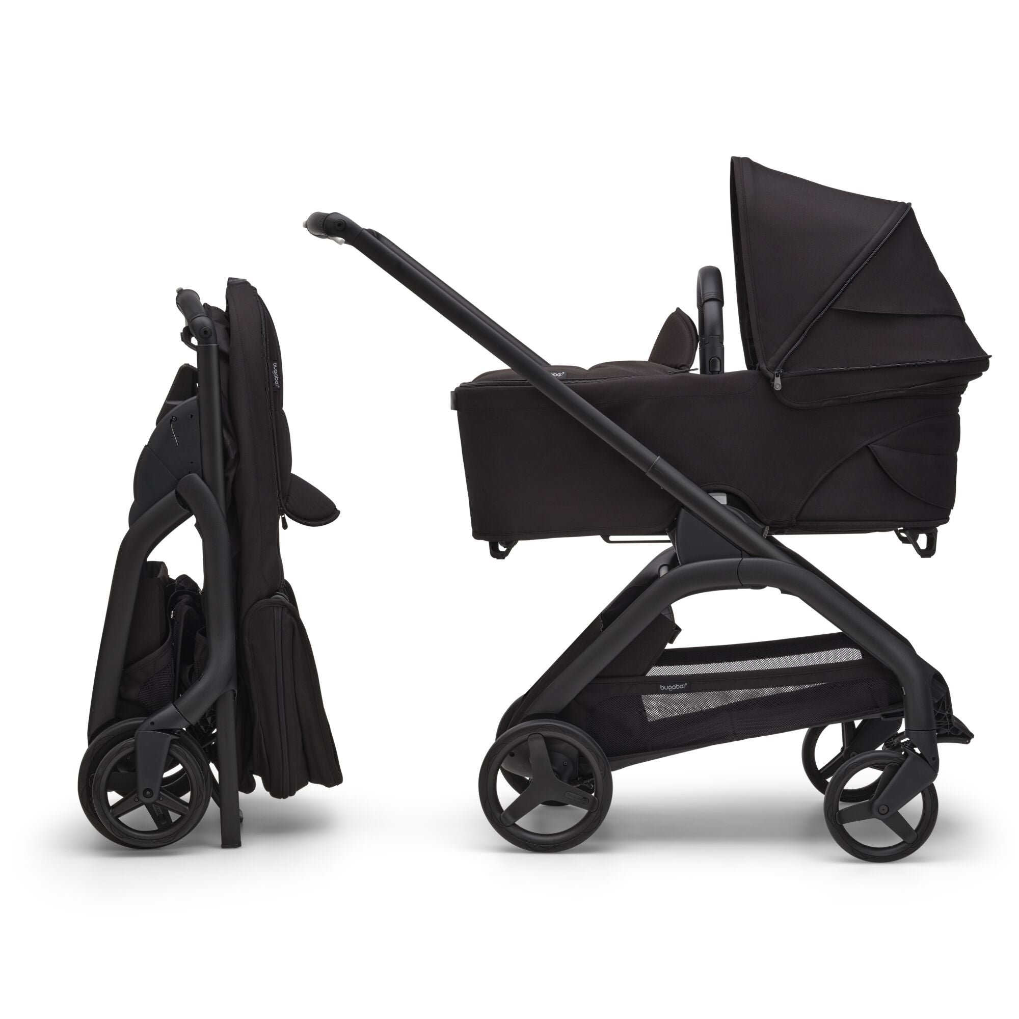 Bugaboo Dragonfly color negro con moisés plegado de forma práctica y rápida, demostrando su sistema de plegado inteligente que se mantiene de pie.