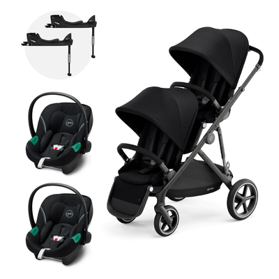 Cybex Travel System Coche Doble Gazelle BLK Negro + 2 Sillas Nido Aton S2