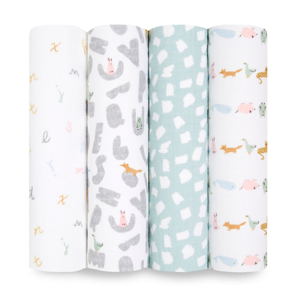 Aden and Anais Mantas 4 Pk Swaddle Clásica - Alphabet Animals