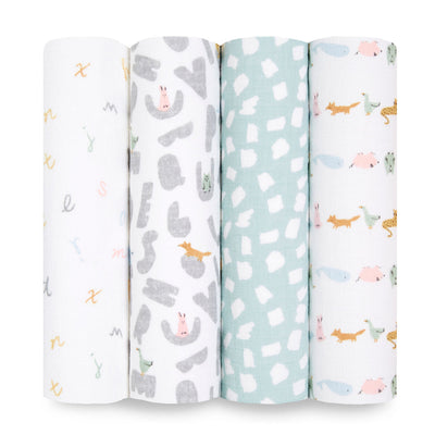 Aden and Anais Mantas 4 Pk Swaddle Clásica - Alphabet Animals