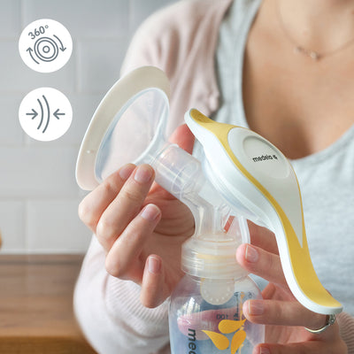 Fácil armado del extractor de leche manual Hamrony de Medela en Blanca y Augsuto. Tecnología flex en sacaleche harmony