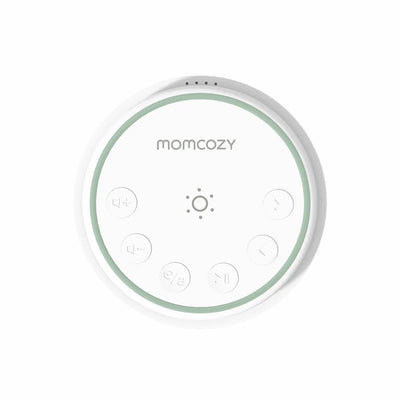 Vista de la máquina de ruido blanco portátil Momcozy con temporizador y función de memoria