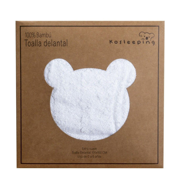 Toalla delantal de bambú Kosleeping en color blanco, diseñada para el baño seguro y cómodo de bebés y niños pequeños