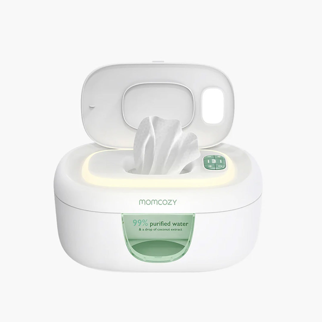 Calentador de toallitas Momcozy con diseño frontal moderno y compacto.