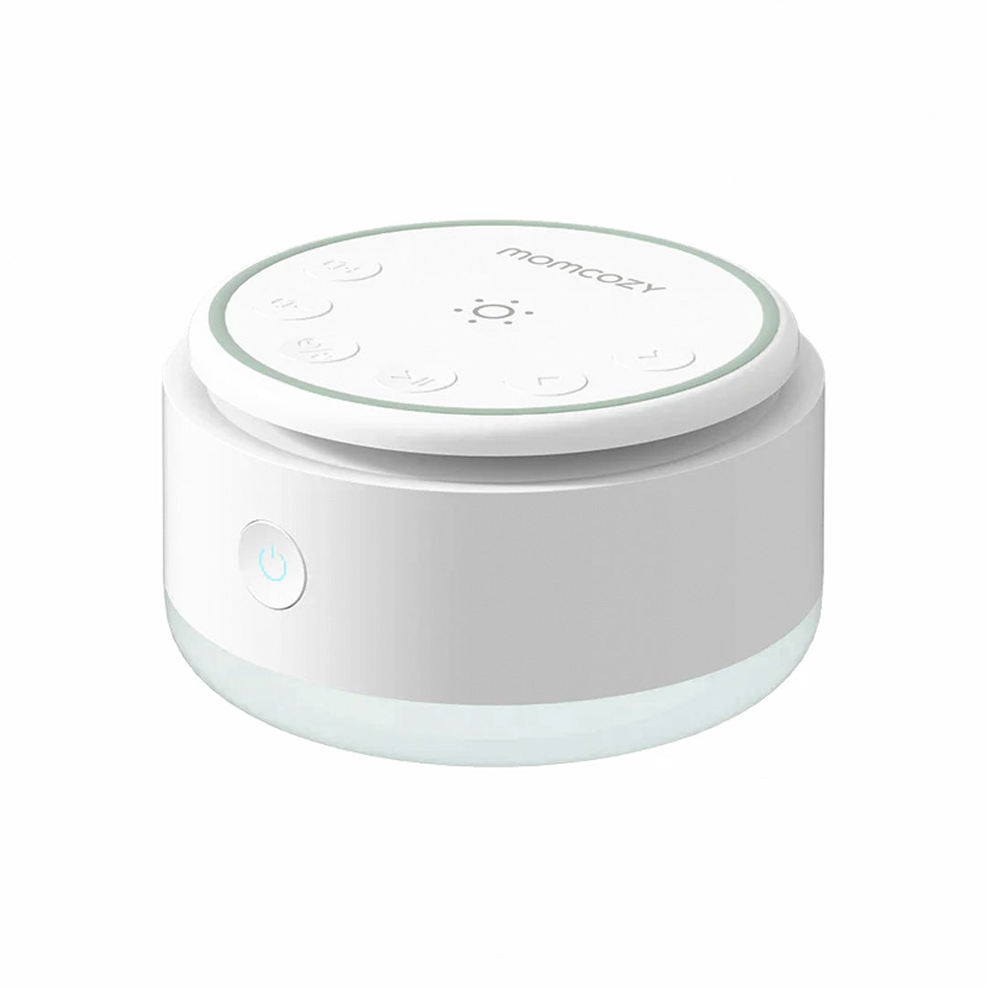 Máquina de ruido blanco portátil Momcozy con lámpara táctil ajustable y 20 sonidos relajantes.
