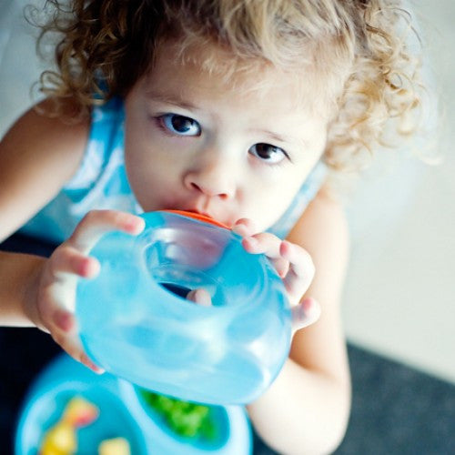 Vaso anti derrame para niños desde los 9 meses en blanca y augusto en uso