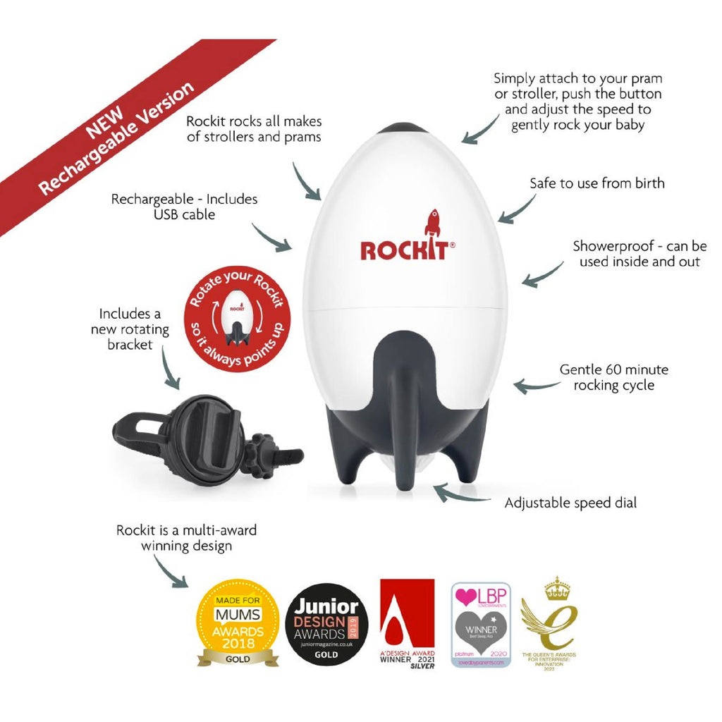 Mecedor en forma de cohete portátil de la marca Rockit para anclar al coche de tu bebé. Recargable con USB. Un verdadero descanso tanto para los papás como para nuestros bebés. Rockit mecedor recibió muchos premios. Un sueño seguro, tranquilo y profundo. Un sueño reponedor con este mecedor disponible en blanca y augusto.