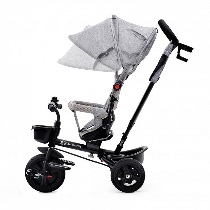 Triciclo 3 en 1 Kinderkraft AVEO color gris, con asiento y manillar ajustables para comodidad del niño.