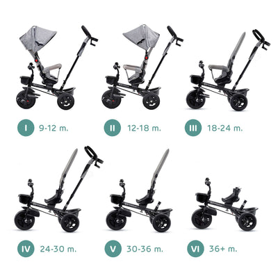 Vista lateral del triciclo Kinderkraft AVEO en gris, versátil y seguro para niños pequeños.